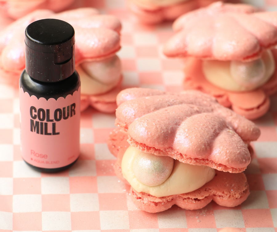 Clam shell macarons made with Colour Mill Aqua Blend Rose